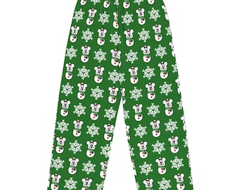 Pantalones/pijamas unisex de pierna ancha con estampado completo de Mickey, muñeco de nieve y copos de nieve de Disney