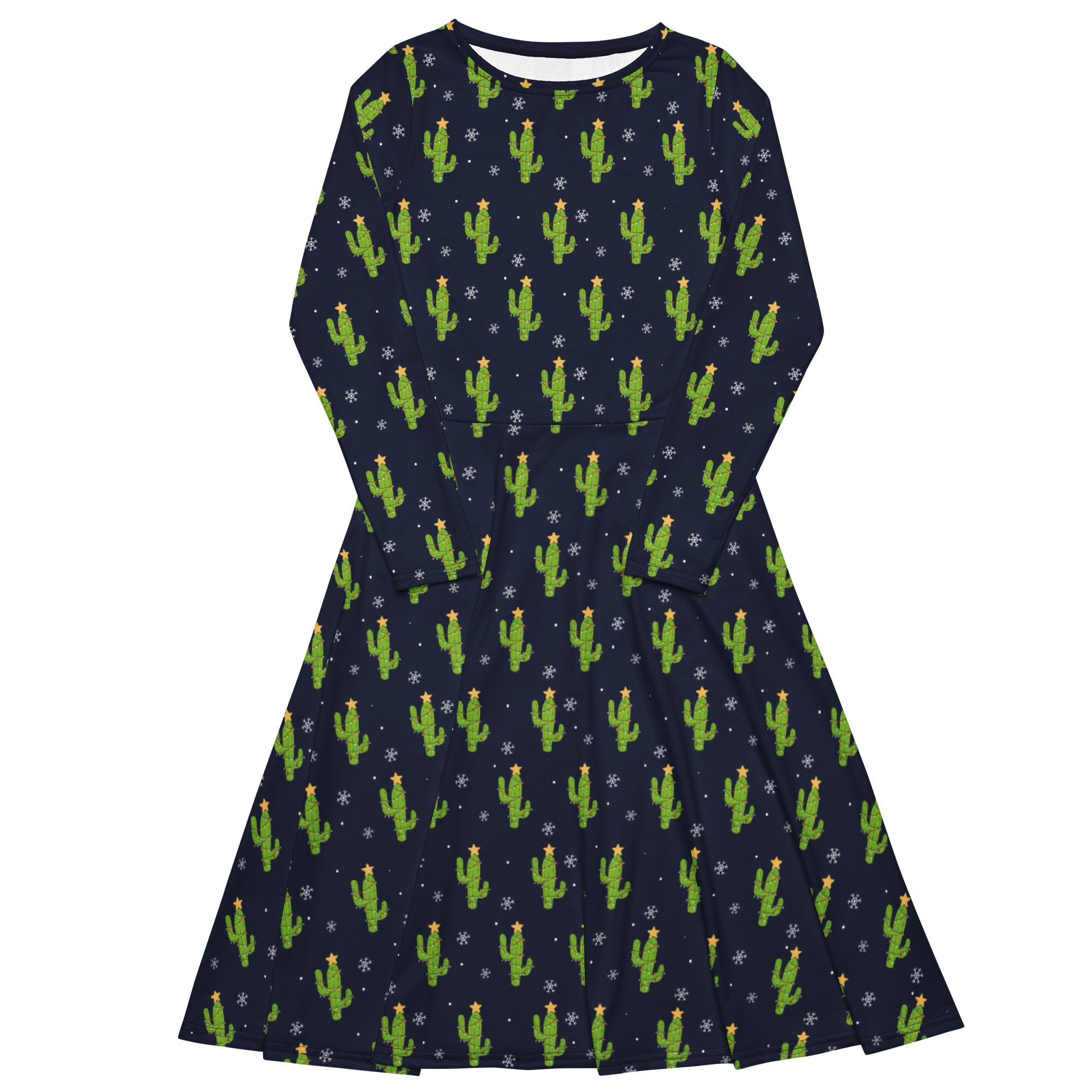 Christmas Cactus All-Over Print Long Sleeve Midi Dress