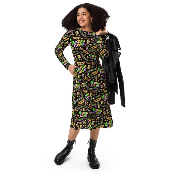 Mardi Gras Mask & Beads themed All-over print long sleeve midi dress