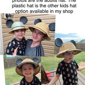 May include: Two children wearing brown safari hats with Mickey Mouse ears attached. The hats are made of a plastic material. The children are wearing different shirts. The text in the image reads: "The hats modeled in these photos are the adults hat. The plastic hat is the other kids hat option available in my shop."