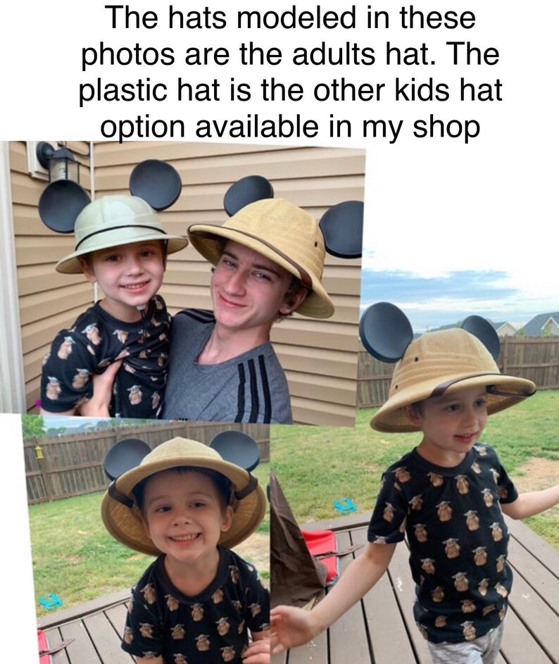 May include: Two children wearing brown safari hats with Mickey Mouse ears attached. The hats are made of a plastic material. The children are wearing different shirts. The text in the image reads: "The hats modeled in these photos are the adults hat. The plastic hat is the other kids hat option available in my shop."