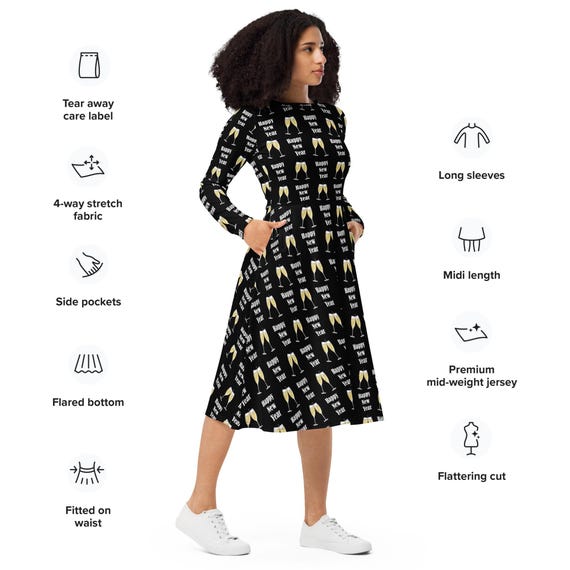 Happy New Years Eve & Champagne All-Over Print Long Sleeve Midi Dress