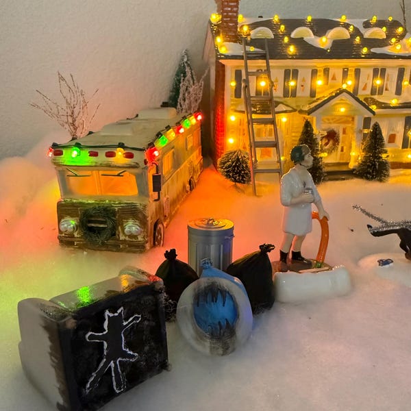 Christmas Vacation Christmas Village themed trash additions Burnt Cat Couch,  Clark Griswold Burnt Sled, ladder