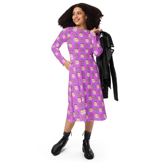 Happy Mardi Gras Themed All-Over Print Long Sleeve Midi Dress