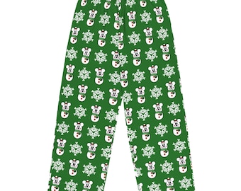 Pantalones unisex de pierna ancha con estampado integral de muñeco de nieve con temática de Mickey Mouse para las fiestas.