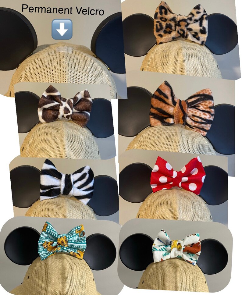 May include: Five different bow designs for a Mickey Mouse ear hat. The bows are made of fabric with various patterns, including animal print, polka dots, and a cartoon design. The text "Permanent Velcro" is visible in the top left corner of the image.