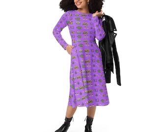 Mardi Gras All-over print long sleeve midi dress