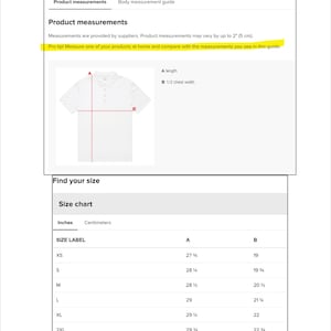 May include: Size guide with product measurements for a white polo shirt. The guide includes measurements in inches for length (A) and half chest width (B). A size chart is provided, with measurements ranging from XS to 3XL.