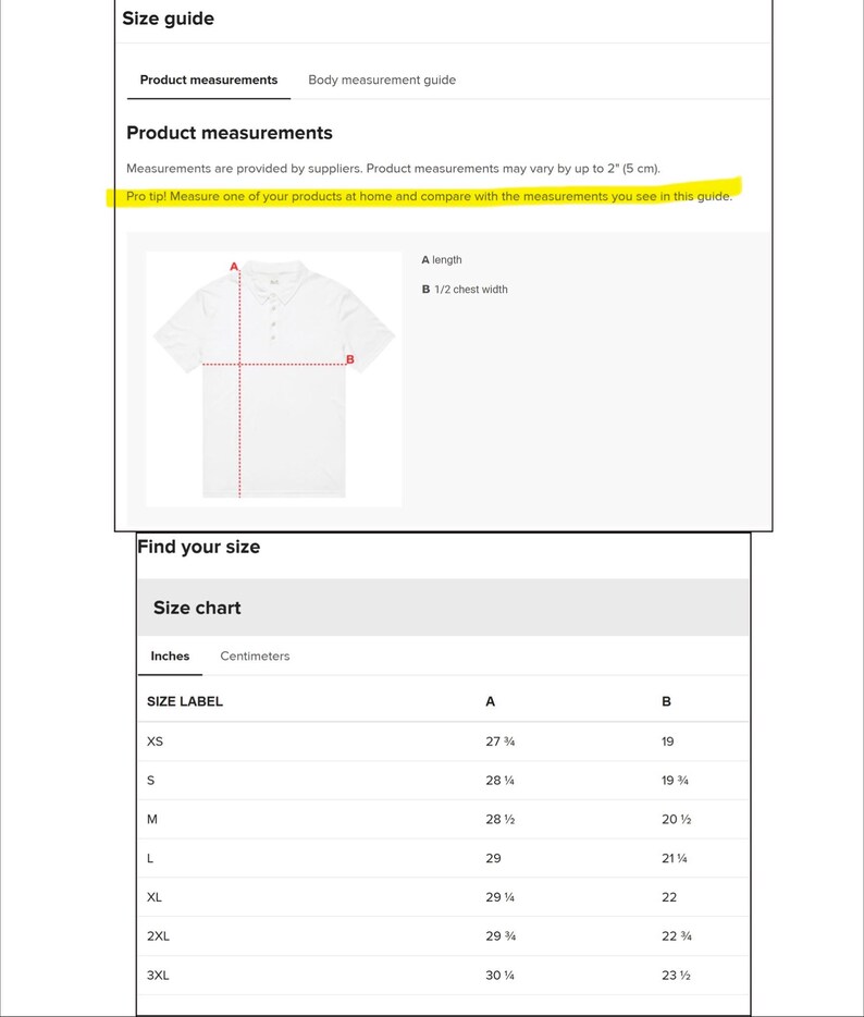 May include: Size guide with product measurements for a white polo shirt. The guide includes measurements in inches for length (A) and half chest width (B). A size chart is provided, with measurements ranging from XS to 3XL.