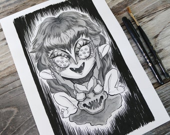 Devilman Psycho Jenny, dibujo original de lápiz y tinta con lavados de pintura acrílica en papel acuarela de 8,5" de ancho x 12" de altura