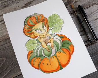 Hada de calabaza  Elfo de calabaza Calabaza turbante, pluma original y tinta con pintura acrílica lava papel de acuarela de 9" de ancho x 12" de altura