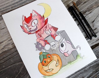 Stick Up Monsters Drawing Challenge, dibujo original de lápiz y tinta con lavados de pintura acrílica en papel de acuarela de 9" de ancho x 12" de altura