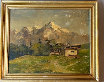 Vintage Austrian Alpine Oil Painting, Framed Chalet Mountain Landscape, Innsbruck Souvenir