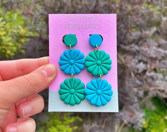 Teal & Blue Mismatched Retro 60's/70's Flower Boho Daisy Coquette Cottagecore Hippie Vintage Costume Psychedelic Polymer Clay Drop Earrings