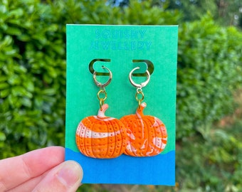 Orange & White Marbled Pumpkin Huggie Hoops Drop Earrings Yayoi Kusama Inspired Halloween Fall Kitsch