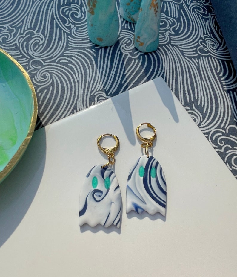 Blue & White Marbled Ghost Phoebe Bridgers Inspired Polymer Clay Huggie Kitsch Earrings 