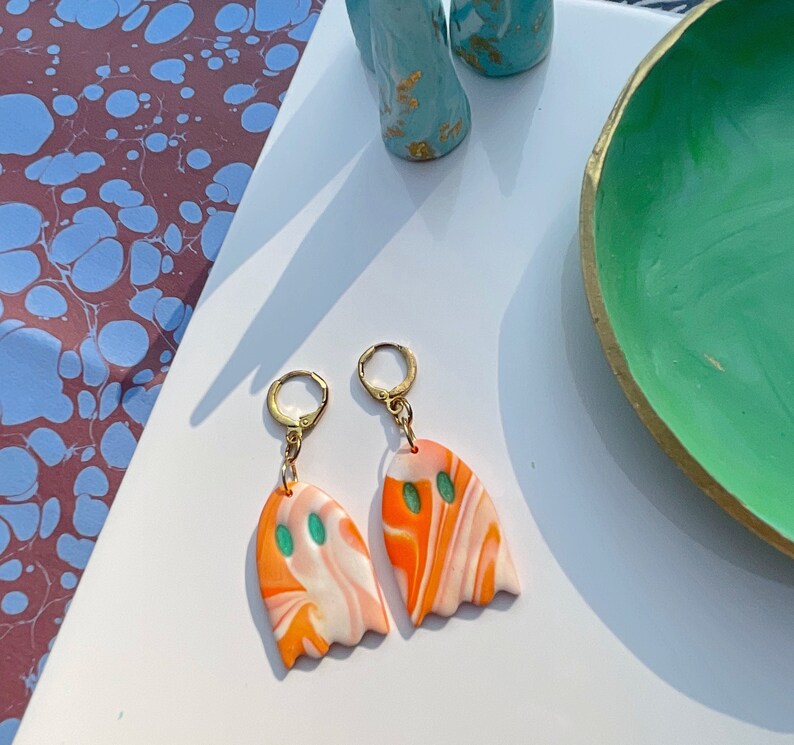 Orange & White Marbled Ghost Phoebe Bridgers Inspired Polymer Clay Huggie Kitsch Earrings 