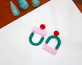 Green, Pink & Red Inverted Mid-Century Modern Bauhaus Mismatched Scandi Statement Geometric Minimalist Vintage Polymer Clay Kitsch Earrings