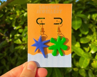 Blue and Green "Kiki & Bouba" Linguist Scientist Academic Abstract Memphis Nerdy Kitsch Quirky Y2K Clay Star Geometric Dopamine Earrings