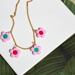 Pink, Red & Green Polymer Clay Flower Cottagecore Kitsch Necklace