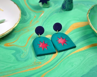 Vintage Emerald, Navy & Pink Star Arch Geometric Polymer Clay Kitsch Earrings