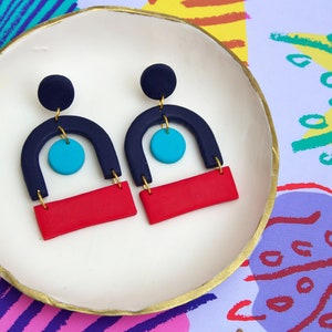 Vintage Bauhaus Inspired Navy, Blue & Red Mid-Century Vintage Retro 50s 60s Minimalist Scandinavian Statement Abstract Polymer Clay Earrings image 1