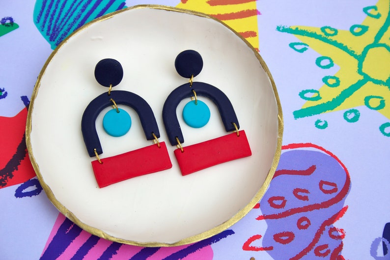 Vintage Bauhaus Inspired Navy, Blue & Red Mid-Century Vintage Retro 50s 60s Minimalist Scandinavian Statement Abstract Polymer Clay Earrings image 1