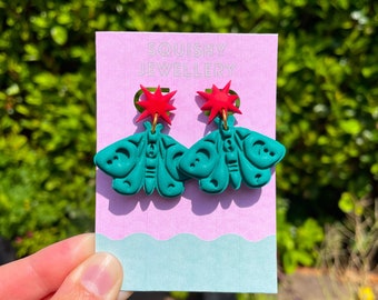 Emerald Green and Red Celestial Moth Moon & Stars KitschPolymer Clay Earrings