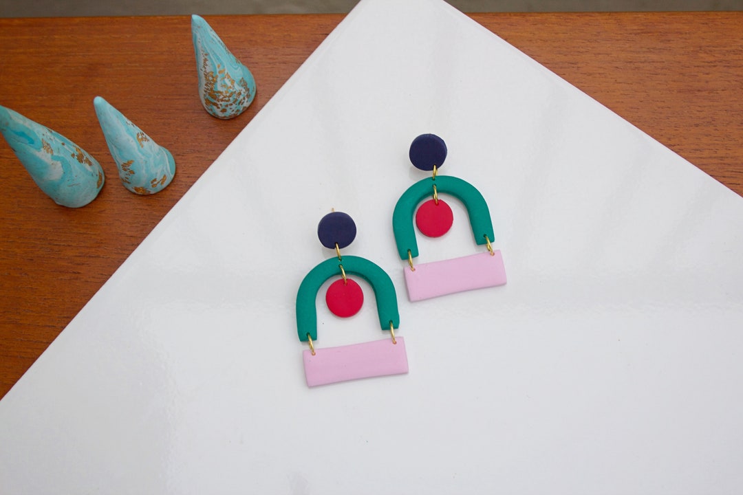 Green, Pink & Red Modern/Mid-Century Polymer Clay Kitsch Earrings