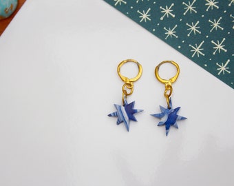 Blue & White Marbled Small Star Huggie Hoop Polymer Clay Kitsch Earrings