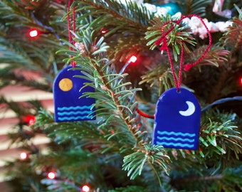 Sun & Moon Wave Christmas Ornament Vapourwave Boho Polymer Clay in Blue, Gold and Pearlescent White