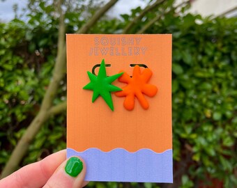 Green and Orange "Kiki & Bouba" Stud Linguist Scientist Academic Abstract Nerdy Memphis Quirky Y2K Kitsch Dopamine Nickelodeon Earrings