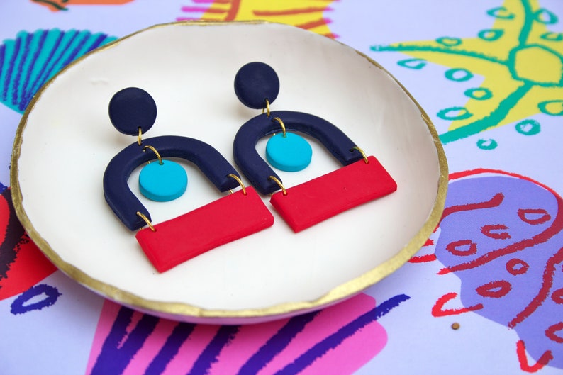 Vintage Bauhaus Inspired Navy, Blue & Red Mid-Century Vintage Retro 50s 60s Minimalist Scandinavian Statement Abstract Polymer Clay Earrings image 2