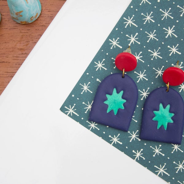 Navy, Red & Green Star Arch Mid-Century Modern Geometric Polymer Clay Kitsch Earrings