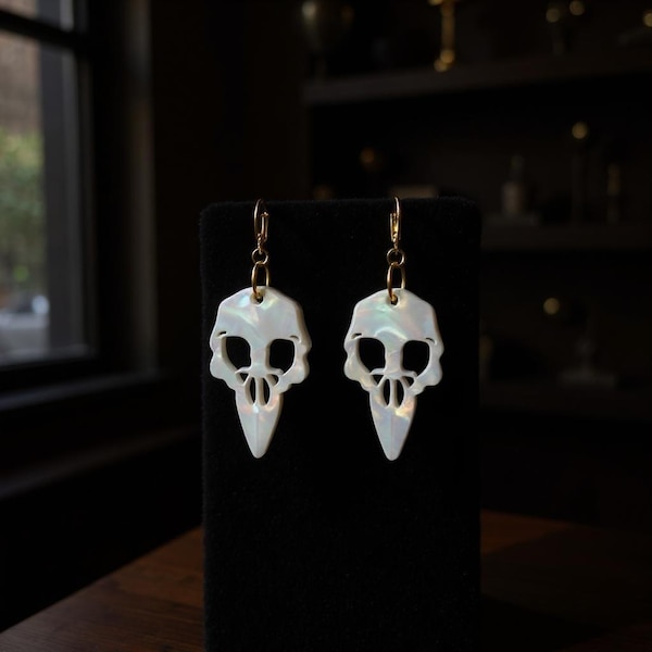 White Pearl Bird Skull Earrings: Goth Raven Acrylic Huggie Hoops