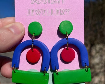 Blue, Green & Red Modern/Mid-Century Polymer Clay Kitsch Earrings