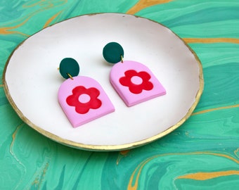 Handmade Red, Pink & Emerald Flower Arch Polymer Clay Cottagecore Kitsch Earrings