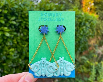 Mint Green and Navy Celestial Moth Moon & Stars Chain Drop Kitsch Polymer Clay Earrings