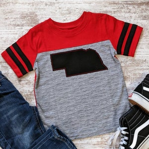 CLEARANCE* Black NE on Red/Grey Toddler Short Sleeve Shirt w/ Black stripes