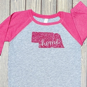 Pink Glitter NE with "home" on Pink & Grey Toddler-Youth 3/4 Sleeve Baseball shirt