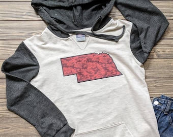 Cream & Charcoal Color-Block Lightweight French Terry Hoodie w/ vintage Red/Grey Camo Nebraska