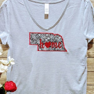 Black & White Daisy print NE w/ red glitter &quot;home&quot; on Ladie&#39;s V-Neck T-shirt