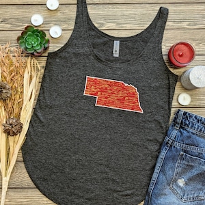 Red & Shimmery Gold Nebraska on charcoal grey Women&#39;s Tank Top