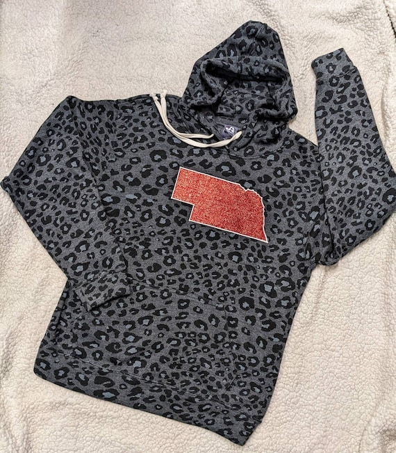 Glittery Red Nebraska on Black Grey Leopard cheetah Print Hoodie