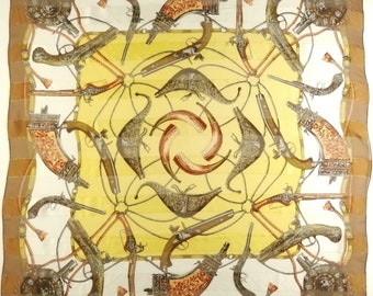 Vintage 100% Silk Scarf Chiffon Antique Guns Pattern Neck Wrap 33.5" X 34"