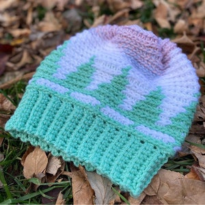 Pu&ograve; includere: Un cappello all'uncinetto con un design sfumato in verde, bianco e rosa. Il cappello presenta un motivo di alberi verdi su uno sfondo bianco.