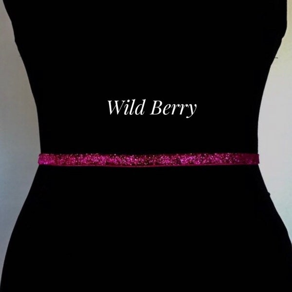Fuchsia Pink Belt, 3/8” Bridal Stretch Dress Belt,Skinny Shimmer Elastic belt, Bridesmaid Glitter Elastic Belt. WILD BERRY