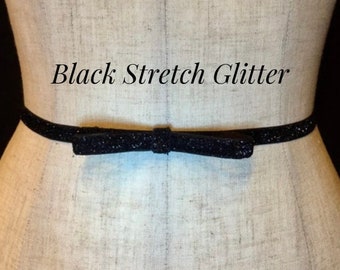 Black Glitter Bow Belt,3/8” Shimmer Bridesmaid Stretch Belt, Skinny Bow Belt Wedding, Skinny Elastic belt, Bridesmaid Belt Sash Belt.