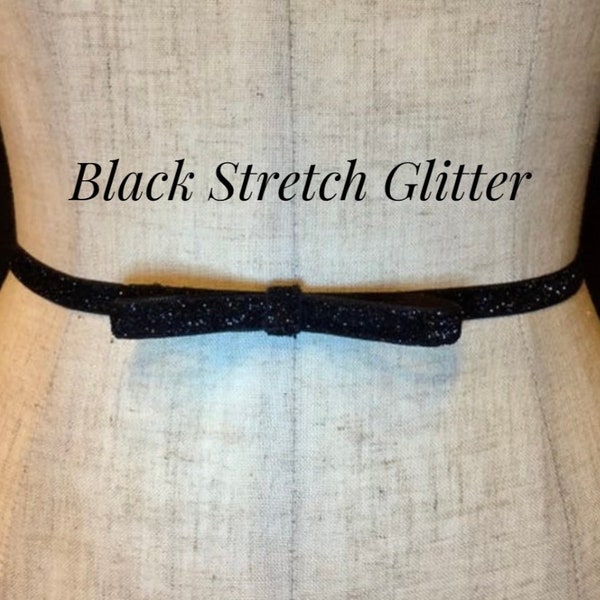 Black Glitter Bow Belt,3/8” Shimmer Bridesmaid Stretch Belt, Skinny Bow Belt Wedding, Skinny Elastic belt, Bridesmaid Belt Sash Belt.