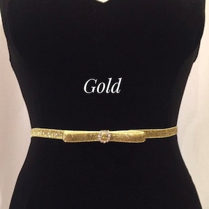 Gold Shimmer Bow Belt, 3/8” Skinny Rhinestone Bridal Stretch Belt, Thin Dress Belt, Skinny Glitter Elastic belt, Bridesmaid Belt.